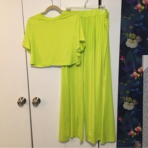 Shein Curve Crop Top Wide Leg Set Neon Yellow Size 3X Preowned